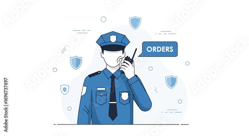Alert Security Officer Communicates Orders Via Portable Transceiver During Emergency