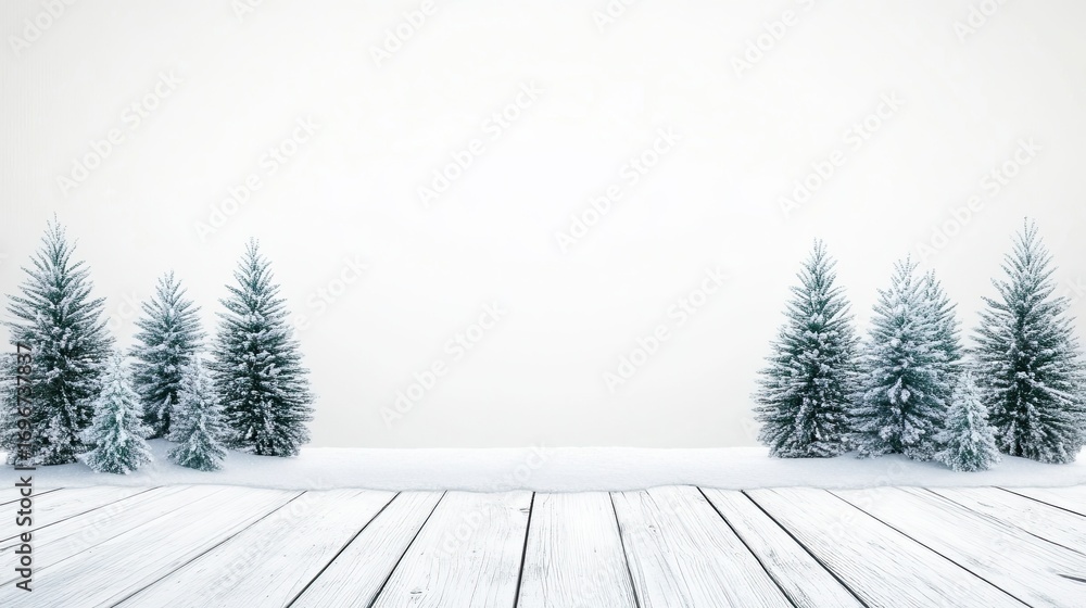 Fototapeta premium Winter scene with snow covered evergreens on white wood