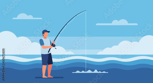 Angler Casting A Fishing Line At The Ocean With Abstract Coastal Scene