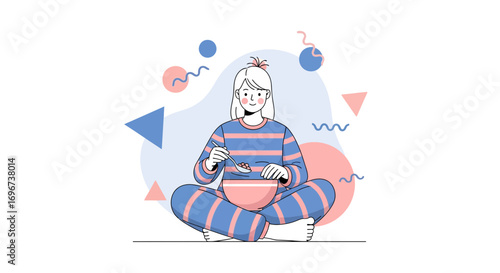 A Girl Eats Cereal While Sitting in the Lotus Position with Decorative Shapes Around