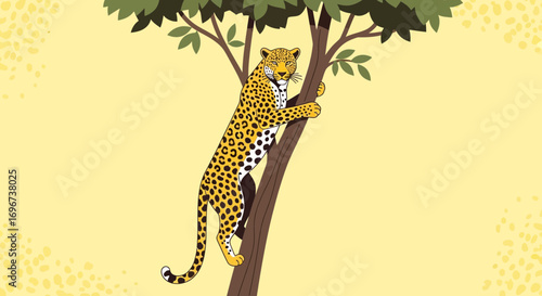 A Graceful Leopard Ascends a Tree in a Radiant, Eye-Catching Botanical Study