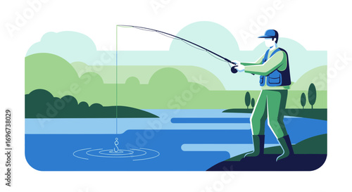 Angler Casting A Line: Serene Waterside Fishing Depiction Across Azure Landscapes