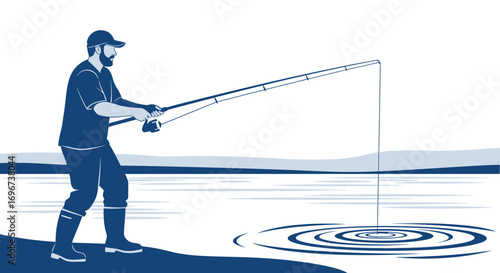 Angler Casting His Line By Serene Waters During A Quiet Time For Relaxing Pursuit