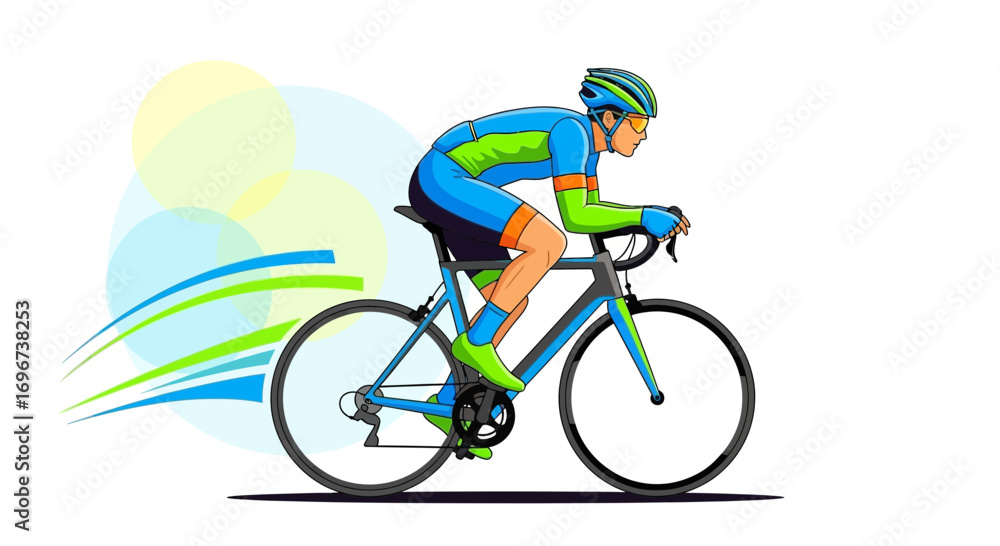 Fototapeta premium Animated Cyclist In Action, Speeding Towards Finish Line With Dynamic Motion Graphic Elements