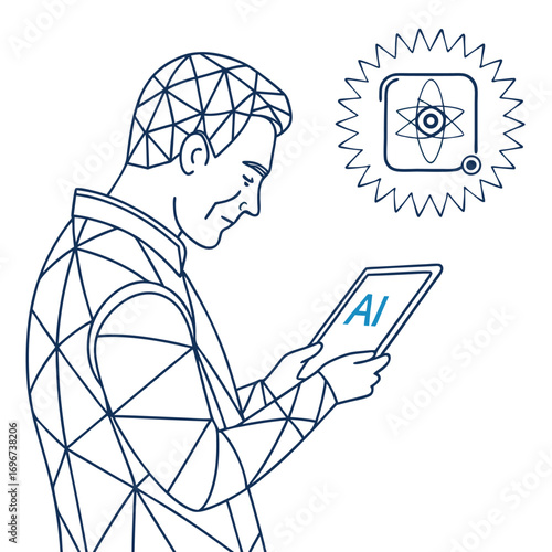 Man with tablet showing AI text and atomic symbol with orbiting electrons artificial intelligence technology