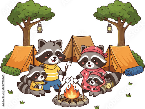 Adorable raccoon family enjoys a cozy campfire under the trees