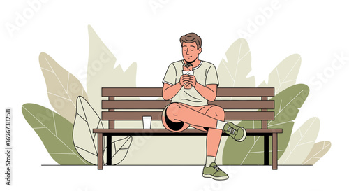 A Man Enjoying A Meal Sitting On A Bench In The Serene Outdoors Setting