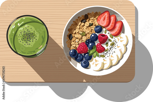 Green Smoothie with Breakfast Bowl Flat Lay Vector