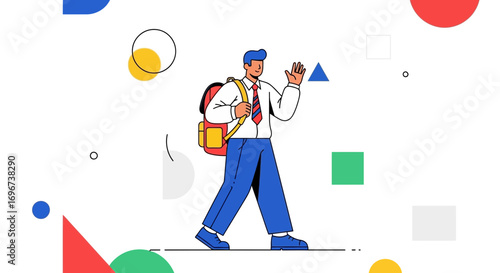 Animated Departure: Schoolboy with Backpack Waving Goodbye Amidst Geometric Shapes And Colors