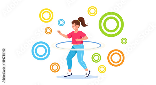 Animated Girl Hula Hooping While Colorful Circles Float, Happy And Positive Movement