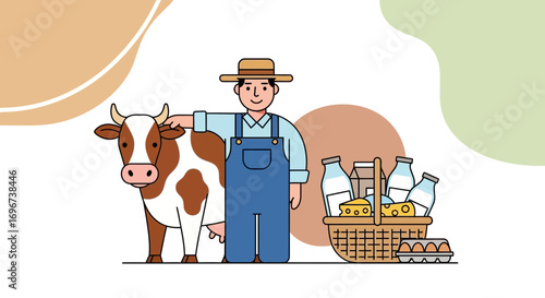 A Pastoral Farmer Stands Proudly Beside His Cow, Showcasing Fresh Dairy Products.