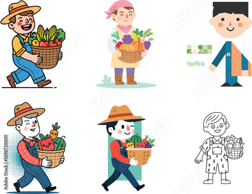 Cartoon farmers carrying baskets of fresh vegetables in colorful vector illustration set for agriculture, harvest, organic food, and healthy lifestyle design