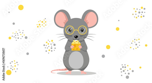 Animated Mouse Character Wearing Spectacles and Holding Cheese Against a White Background