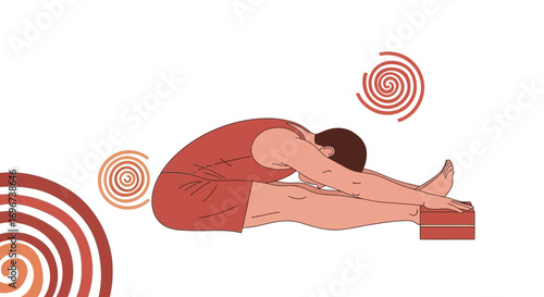 A Person Performing a Seated Forward Bend with Abstract Spiral Graphics for Wellness