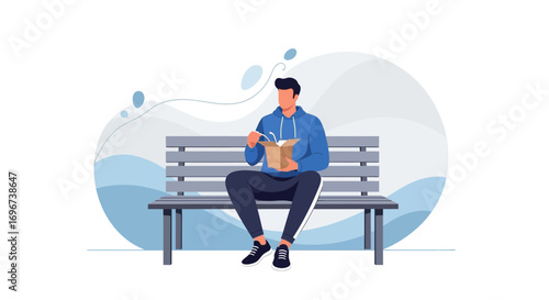 A Person Opens Parcel While Relaxing On A Bench In The Park, Conceptual Illustration