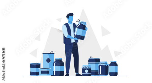 A Person Presents Food Preserved In Jars and Cans in an Abstract Illustration