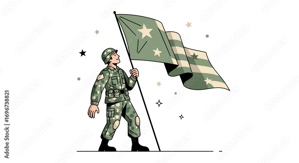 Naklejka premium Animated Soldier Stands Proudly Holding Military Flag Representing Courage and Strength