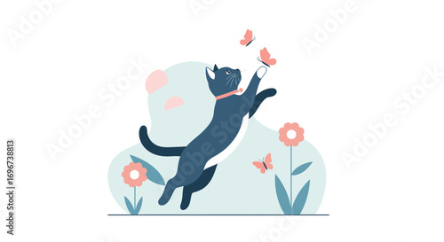 A Playful Feline Chasing Beautiful Butterflies in a Gentle Garden Scene