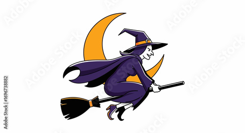 Animated Witch on a Broom Flying Across the Moon a Halloween Illustration