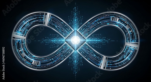 Abstract Digital Infinity Symbol with Glowing Center and Circuitry Patterns