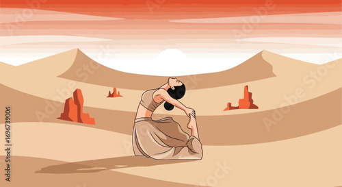 A Serene Woman Performing Yoga In The Desert Landscape At The Sunrise