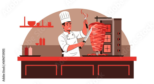 A Skilled Chef Carving Juicy Meat From A Rotating Shawarma Grill for Culinary Delights