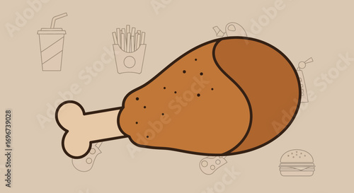 Appetizing Fast Food Delight: Chicken Leg, Fries, And Refreshing Beverage Illustration