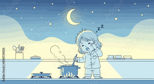 A Sleepless Person Cooking At Night Under The Night Sky And The Moon