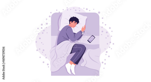 A Sleeper Lying Down In Bed, Checking Phone, Digital Addiction Concept Illustration