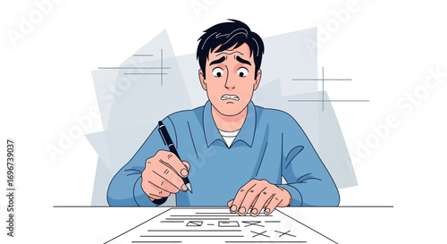 Anxious Office Worker Completing a Test with a Pen Depicting Stress and Under Pressure