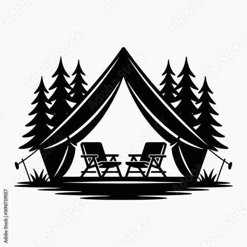 Camping Tent with Chairs and Pine Trees Silhouette Illustration