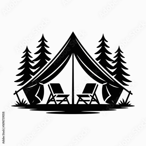 Camping Tent with Chairs and Pine Trees Silhouette Illustration