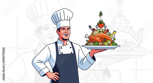 A Smiling Chef Presenting a Roasted Meal on a Plate, Ready For Serving and Dining