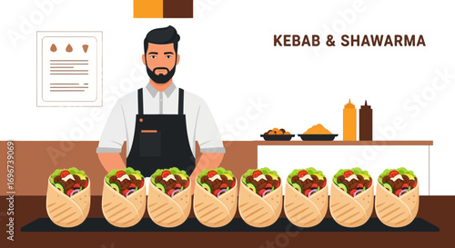 A Smiling Chef Stands Proudly Behind Wrapped Shawarmas, Ready To Serve Delicious Food