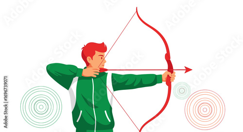 Archer Aiming A Bow And Arrow At The Target To Demonstrate Precise Shooting Skills