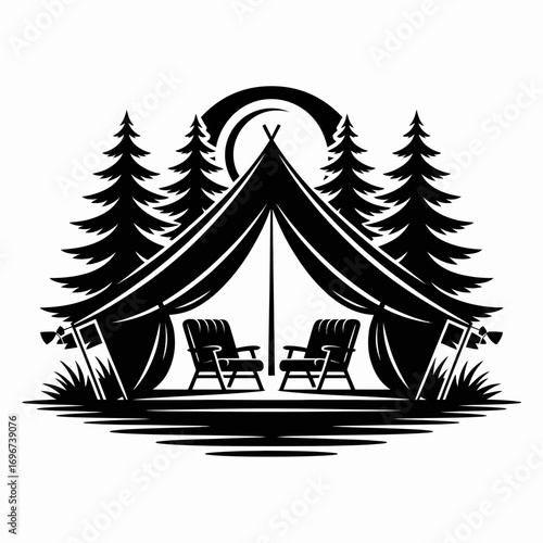 Camping Tent with Chairs and Pine Trees Silhouette Illustration