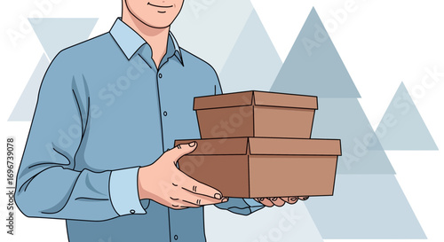 A Smiling Delivery Person Is Holding Two Boxes Carefully and Joyfully