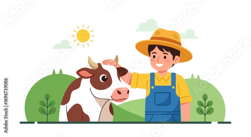 A Smiling Farmer Petting Cow On A Sunny Day, Joyful Farm Life, Cute Illustration
