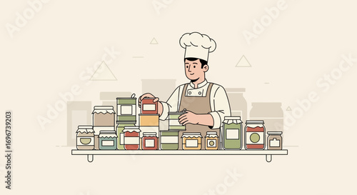 Artisan Chef Curating Preserved Foods Collection for Culinary Creations and Storage