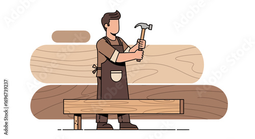 Artisan Crafting Wood: A Simplified Illustration of a Carpenter Utilizing a Hammer