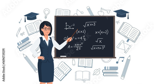 A Teacher Explaining Mathematical Equations On A Blackboard Focusing On Learning