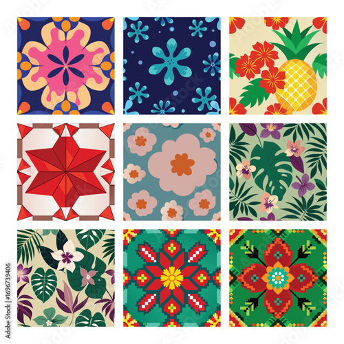 Collection of nine colorful and vibrant floral and tropical themed seamless patterns