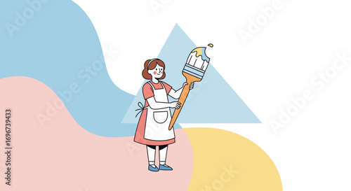 Artist Holding Large Paintbrush Against Abstract Background Minimalist Style Vector