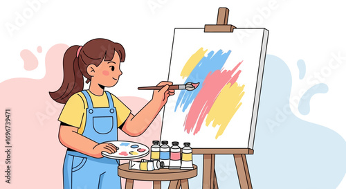 Artist Joyfully Painting Colorful Strokes on Canvas, Creating Visual Art Enthusiastically