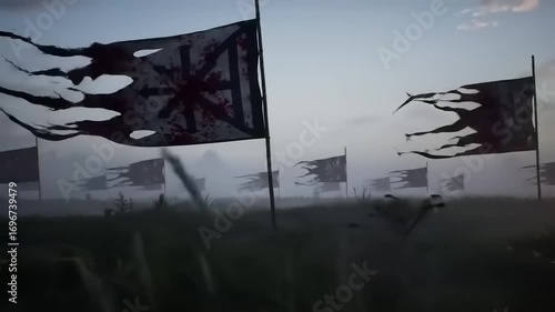 Torn Flags with Foggy Battlefield.