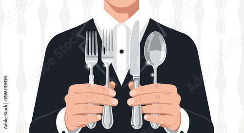 A Well-Dressed Person Holding Utensils, Ready For A Culinary Experience