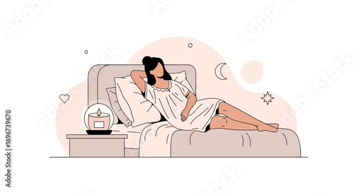 A Woman Lounging Gracefully, Relaxing In Bed, Ready To Embrace Peaceful Night