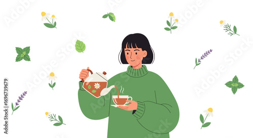 A Woman Pours Herbal Tea Into a Cup Creating a Soothing And Calming Moment