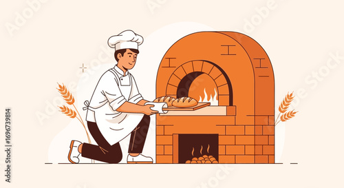 Artistic Artisan Assisting To Bake Fresh Loaves In Rustic Brick Oven Illustration