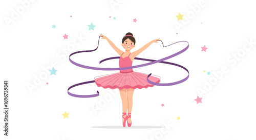 A Young Ballerina Performs Gracefully With Ribbons Amidst Delightful Starry Decorations